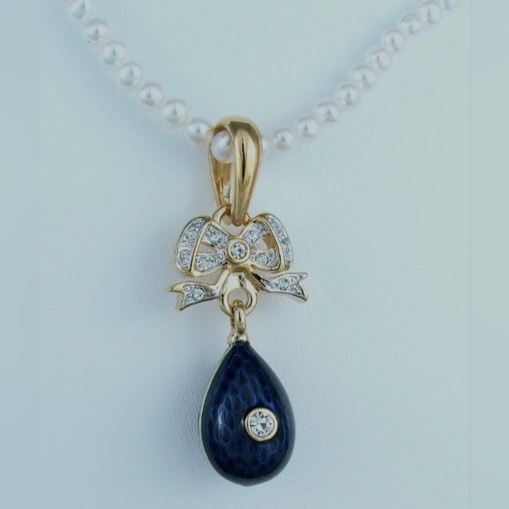 Faberge Inspired Imperial Blue Egg on Bow & Pearl Necklace